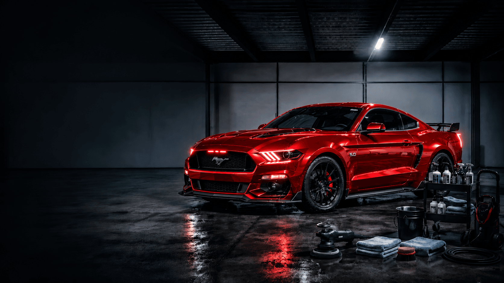 Cinematic red Mustang after a professional detail